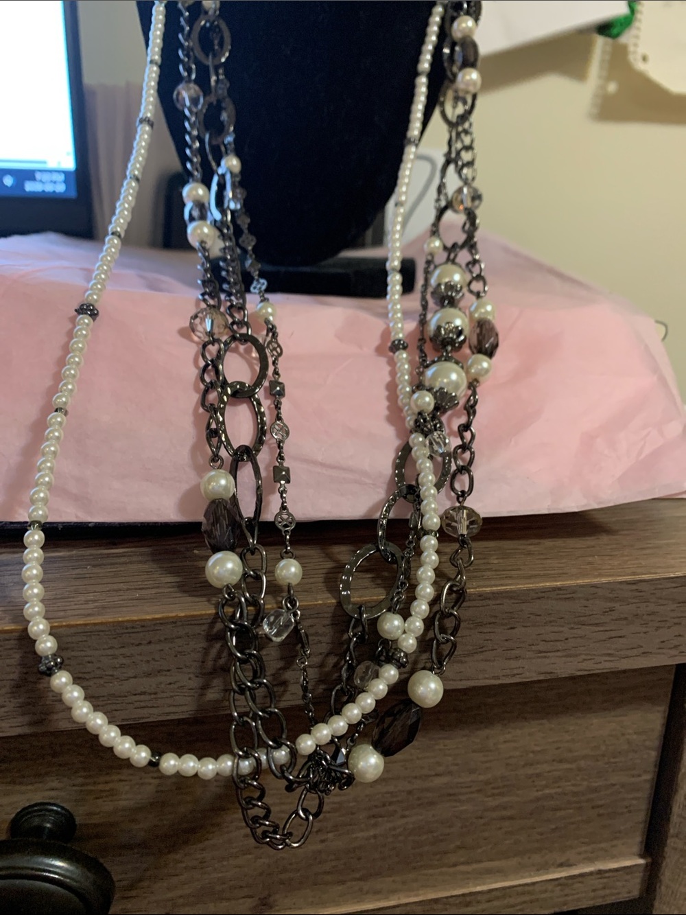 Multi-Strand Pearl & Chain Necklace in White and Gunmetal